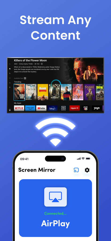 iPhone screen mirroring to a smart TV showing movies and streaming apps