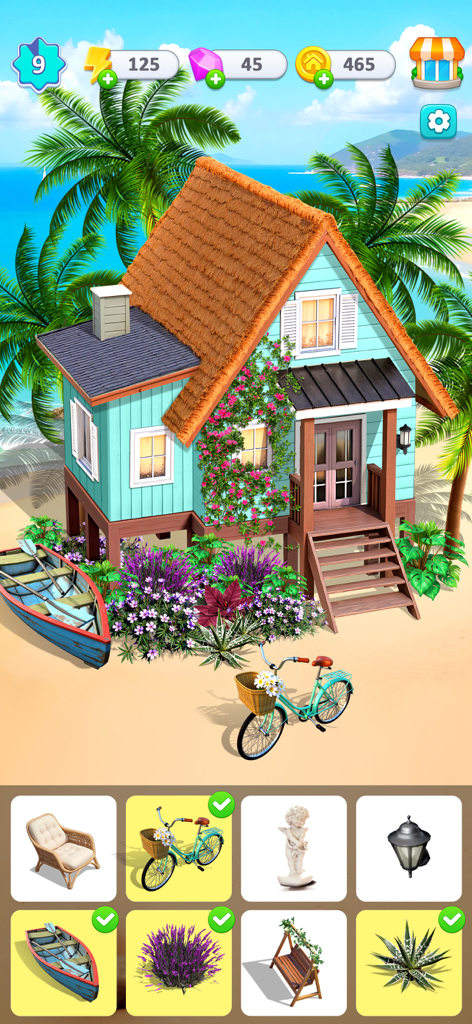 Happy Merge Estate - A tropical beach house with various exterior decoration options in the Happy Merge Estate mobile game