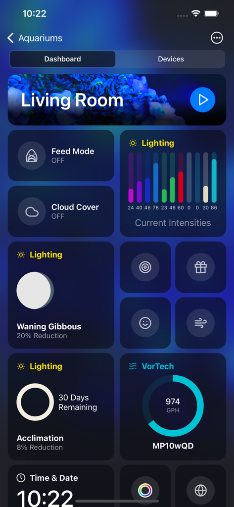 Mobius - Interface do aplicativo Mobius mostrando controles de iluminação e fluxo para um aquário de recife