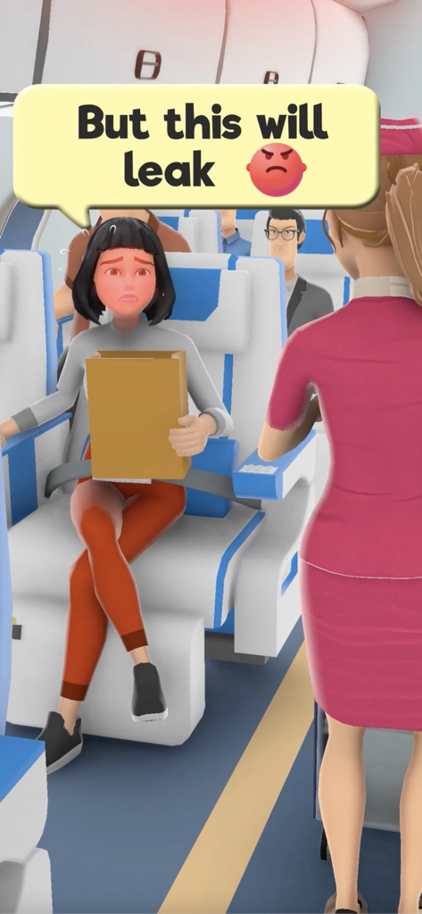 Hyper Hostess - Flight attendant in pink uniform talking to an upset passenger on a plane in Hyper Hostess
