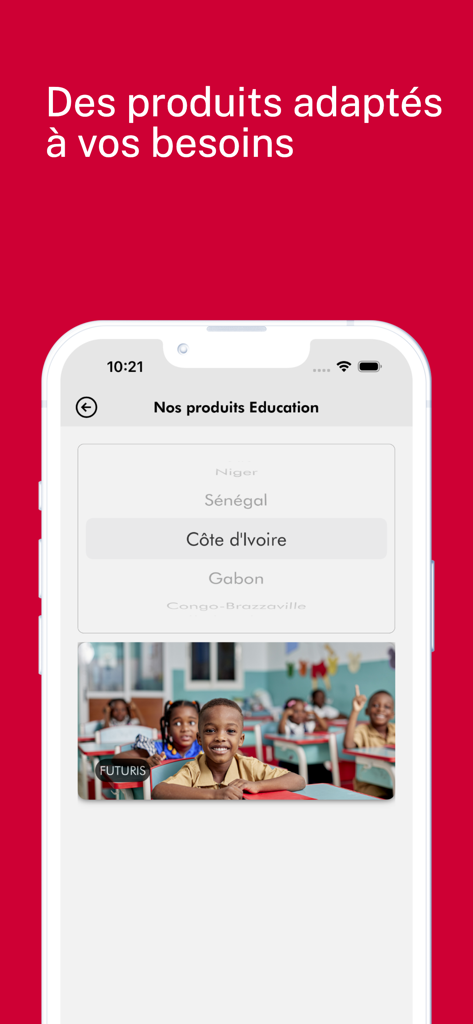 MySUNU Assurances - Écran de l'application MySUNU Assurances présentant les produits d'assurance éducation pour la Côte d'Ivoire.