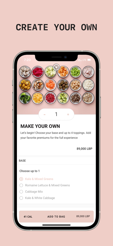 SALATA - SALATAアプリのインターフェースは、リアルタイムのカロリートラッキングとともに、ベースとトッピングを選択してサラダをカスタマイズする方法を示しています。