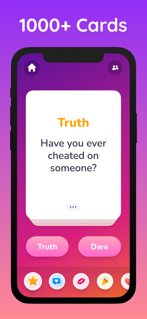 Truth or Dare Game Extreme mobile app interface showing a truth question card and gameplay buttons.