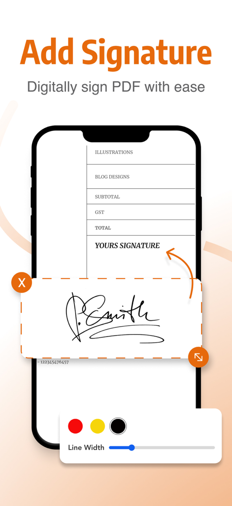 PDF Editor - Edit PDF & Sign - 外出先でPDFドキュメントに署名するためのデジタル署名機能を表示するスマートフォンの画面。