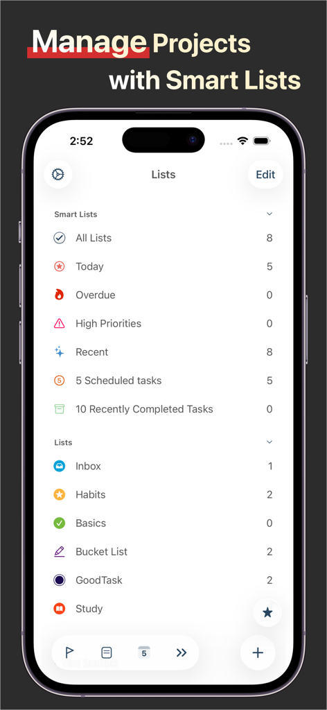 GoodTask - To Do List, Tasks - The GoodTask app interface on an iPhone displaying smart lists and project management folders