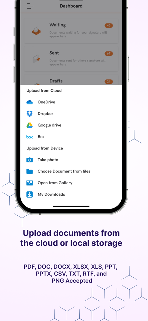 Foxit eSign - Interface of Foxit eSign app showing options to upload documents from cloud storage like Dropbox and Google Drive or local device storage