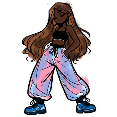 girl in baggy pants crop top and long hair