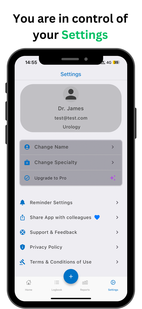 Surgeonal(Surgical Logbook) - Settings screen of the Surgeonal surgical logbook app showing a user profile for a urology surgeon with options to change specialty and upgrade to pro.