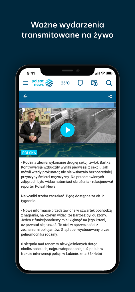 Polsat News - Polsat News mobile app interface showing a live video report and news article in Polish.