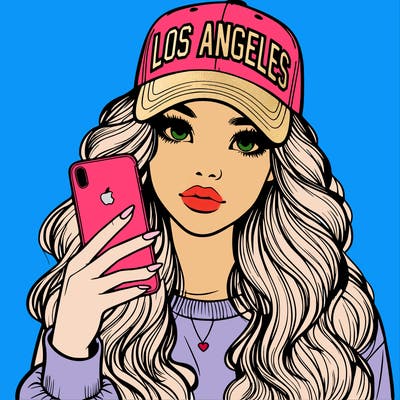 realistic beautiful girl wearing los ángeles cap holding an iphone
