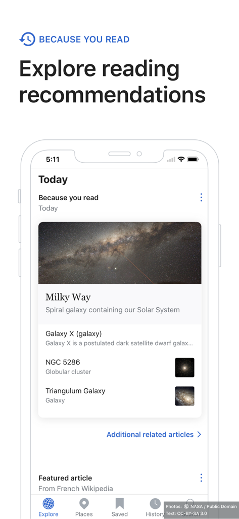 Wikipedia app interface showing personalized article recommendations based on previous reading history
