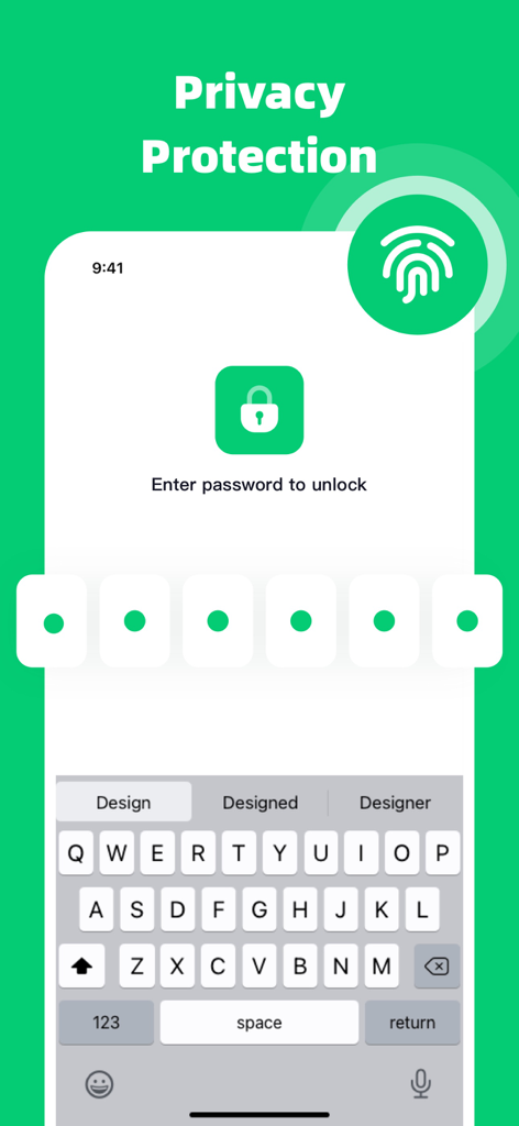 Password Vault - Manager - Privacy protection screen of the Password Vault Manager app showing a secure unlock interface with biometric and password options
