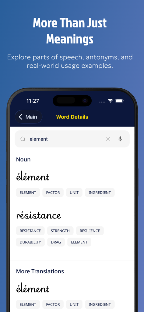 A smartphone screen displaying French translations and synonyms for the English word element within the French Dictionary app