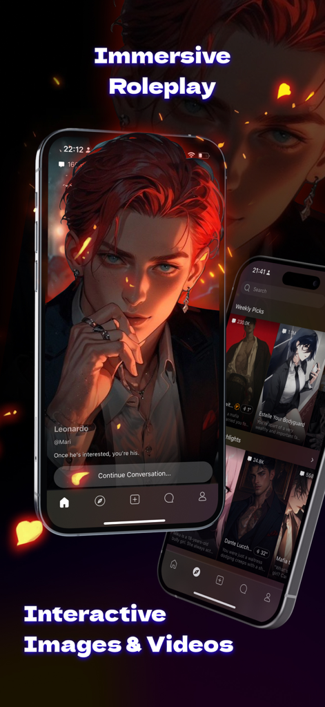 Mobile interface of Tipsy Chat showing AI character profiles and immersive roleplay features