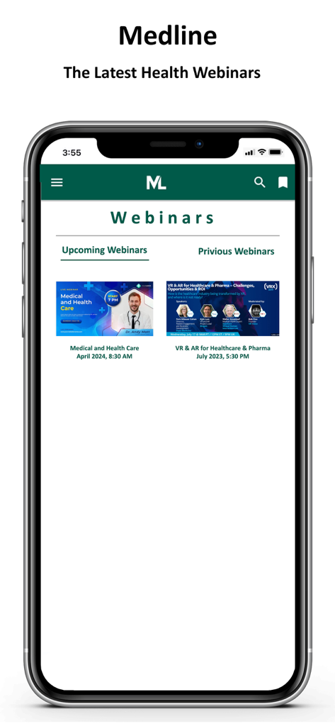 Interfaz de la aplicación MedLine que muestra seminarios web de salud próximos y anteriores para profesionales médicos