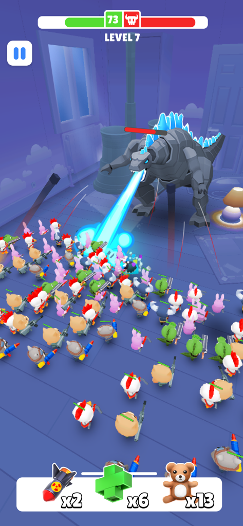 Gameplay screenshot of TOYS Rumble showing a large mecha dinosaur boss breathing a laser at a toy army