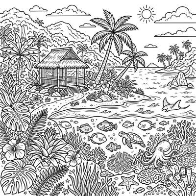 Dive into a world of vibrant imagination with this captivating tropical island coloring page, specifically designed for teens. Discover a serene beach, exotic plants, and fascinating marine creatures waiting for your creative touch.