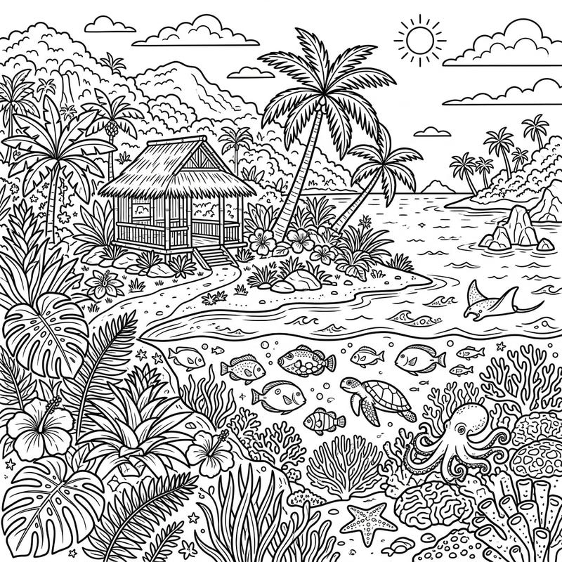 Dive into a world of vibrant imagination with this captivating tropical island coloring page, specifically designed for teens. Discover a serene beach, exotic plants, and fascinating marine creatures waiting for your creative touch.