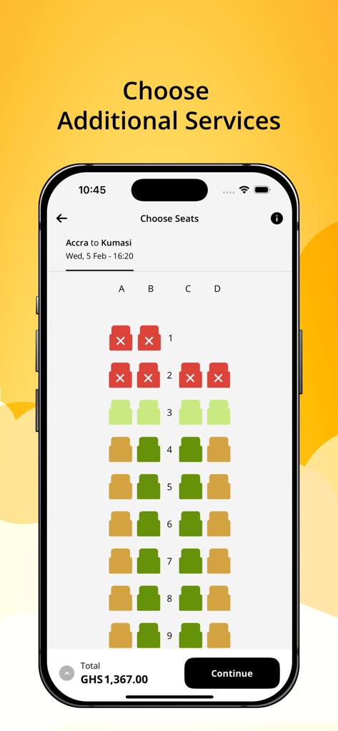 PassionAir - PassionAir mobile app flight seat selection screen for Accra to Kumasi route
