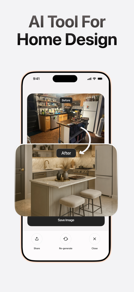 ReRoom AI: Interior Design - Before and after comparison of a kitchen redesign using ReRoom AI interior design tool.