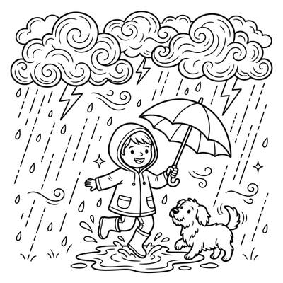 Get ready for a splash of fun with this exciting coloring page! Watch a happy child and their playful dog enjoy a rainy day adventure, perfect for little artists aged 4-8.