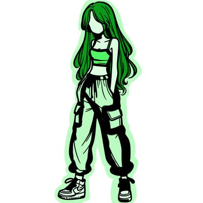 girl in baggy pants crop top and long hair