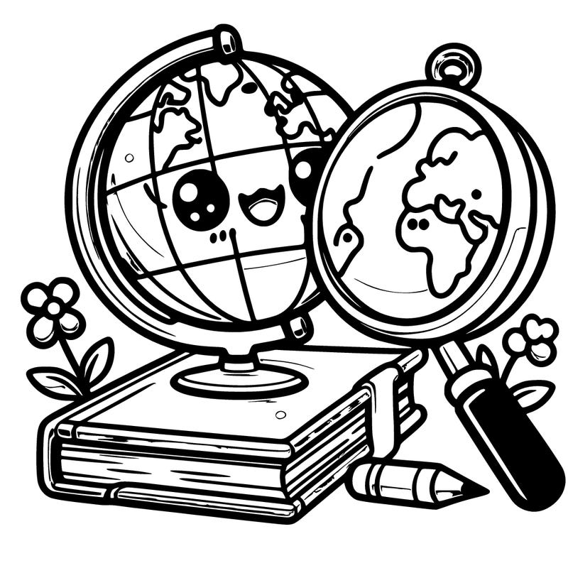 globe with magnify glass and book