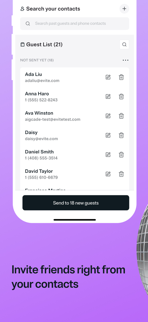 Evite: Party Invitation Maker - Evite app guest list interface showing how to invite friends directly from mobile contacts