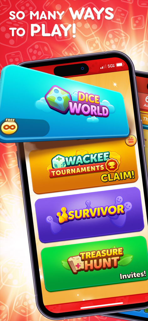 Yahtzee with Buddies mobile app screen showing various game modes like Dice World and Tournaments