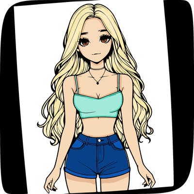 a realistic girl with long hair and in a crop top and shprts