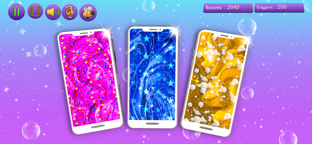 Three smartphone screens displaying colorful pink blue and gold satisfying ASMR slime textures