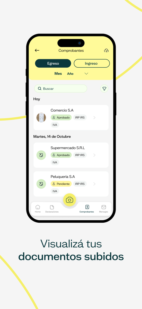 conto - Pantalla de la aplicación Conto que muestra una lista de recibos de gastos comerciales con etiquetas de estado como aprobado o pendiente.