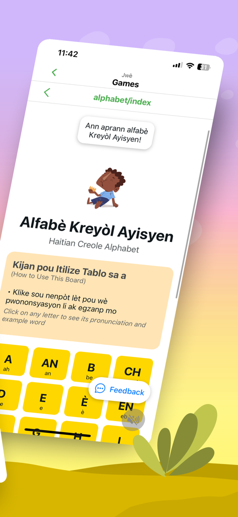 Learn Creole with Jorge - Une capture d'écran de la section d'apprentissage de l'alphabet créole haïtien dans l'application 'Apprendre le Créole avec Jorge'.