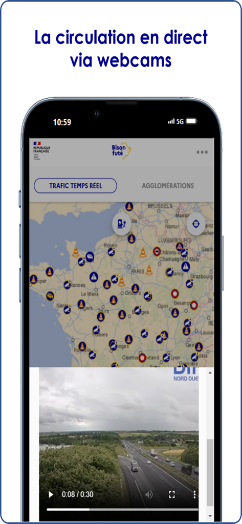 Bison Futé - Bison Fute app interface showing a real time traffic map of France and a live highway webcam feed