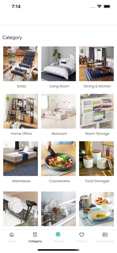 NITORI - Interior, Home Décor - Schermata delle categorie dell'app mobile Nitori che mostra categorie di arredamento e mobili per la casa come divani e camere da letto