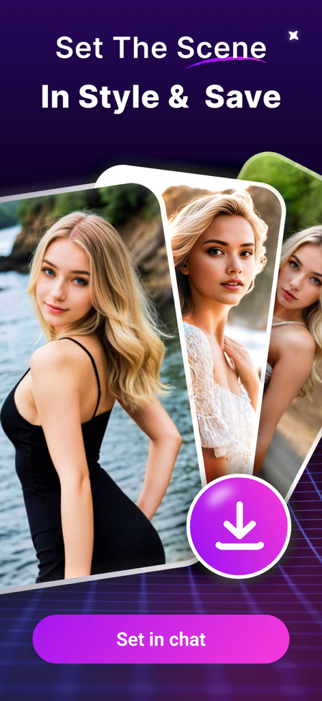 AI Girlfriend - Luvina - Interfaz de la aplicación Luvina que muestra diferentes avatares femeninos generados por IA con opciones para configurar en el chat y descargar