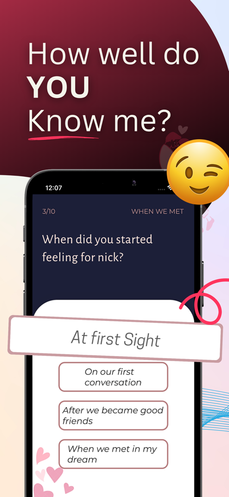 Lovify: Couple Questions Games - Lovifyアプリのインターフェースに、いつ感情が最初に始まったか尋ねるカップルのための恋愛クイズの質問が表示されている