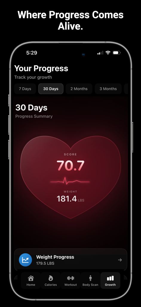 Ascend Fitness-Calories/Gym - Ascend Fitness app progress dashboard showing weight tracking and a 30-day health growth summary