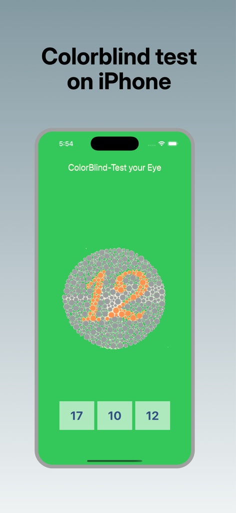 Tela do iPhone exibindo uma placa de teste de daltonismo de Ishihara com o número 12 em pontos laranjas