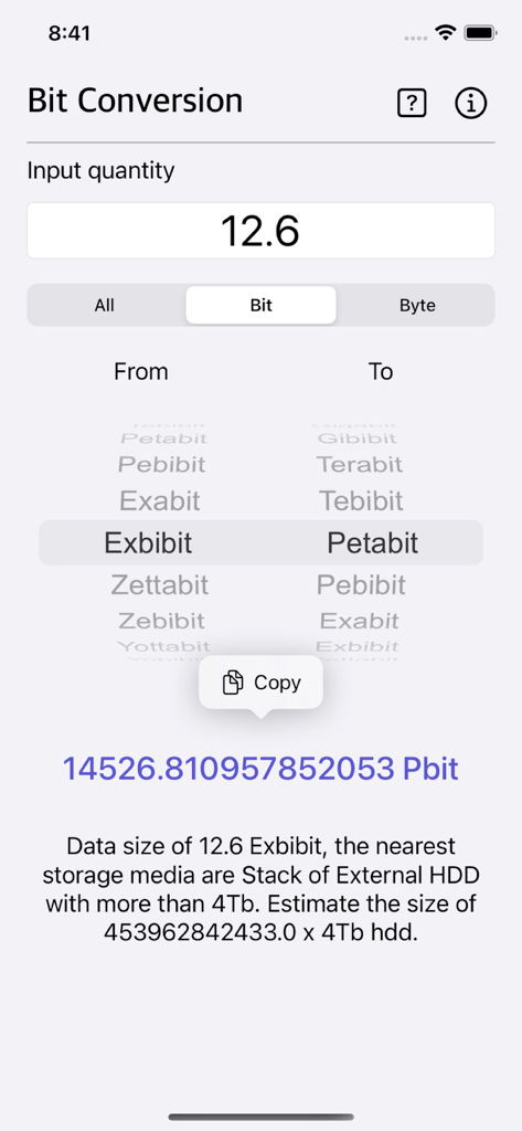 Bit Converter Plus - Bit Converter Plus app interface showing a digital unit conversion from Exbibit to Petabit with detailed result