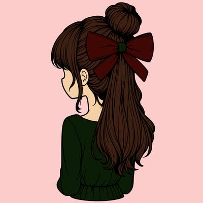 realistic girl  with hip length hair a bun and a big bow on the back of head