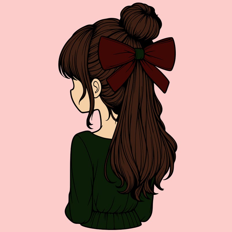 realistic girl  with hip length hair a bun and a big bow on the back of head