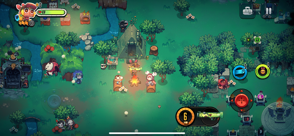 Juicy Realm - Top-down gameplay screenshot of Juicy Realm showing characters gathered around a campfire in a lush forest with on-screen controls