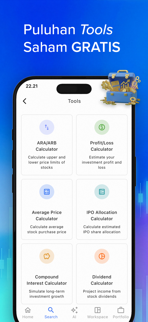 Invezgo - AI Saham - 損益計算機や配当計算機などの無料株式投資ツールと計算機のリストを表示するInvezgoモバイルアプリインターフェース。