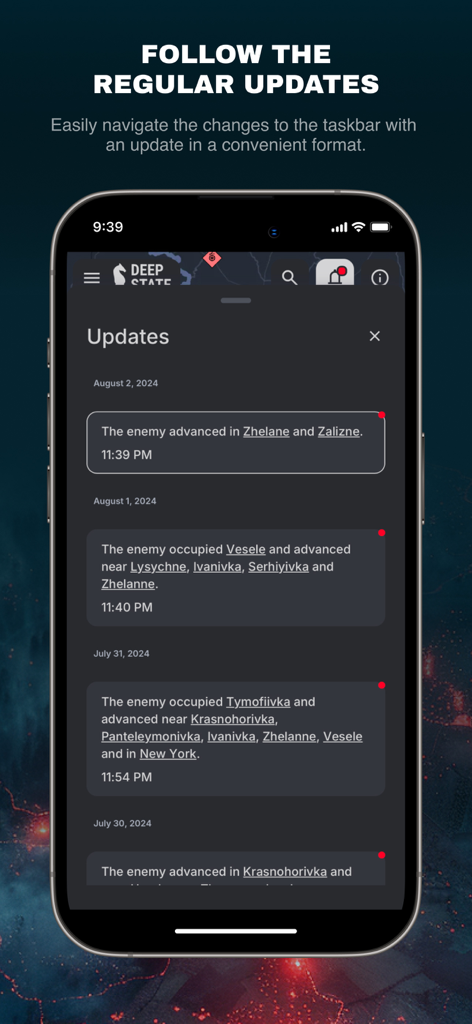 DeepStateMap app interface showing chronological military updates and front-line movement reports.