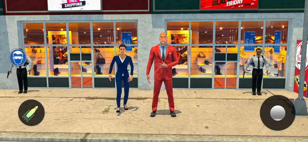VIP characters in red and blue suits escorted by security guards outside a shopping mall in a virtual bodyguard game.