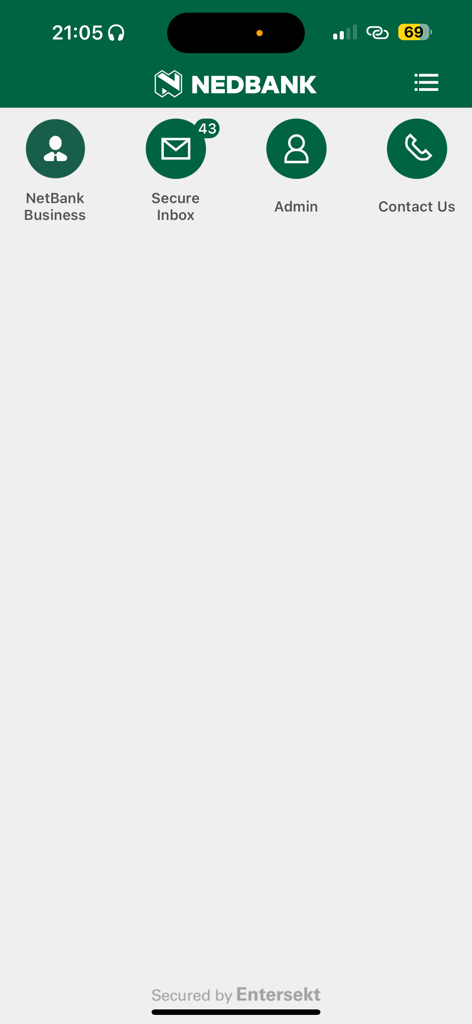 Nedbank AppSuite home screen featuring shortcuts for business banking, secure inbox, and administration.