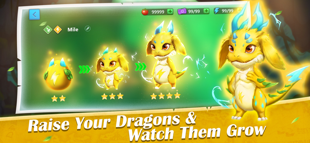 Dragon Tamer: Genesis - Evolution stages of a yellow dragon from egg to adult in Dragon Tamer Genesis