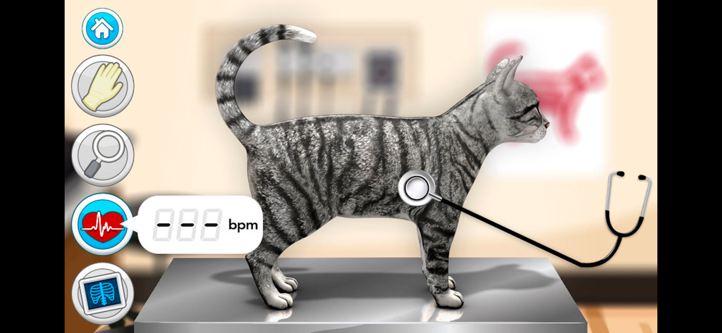 Doctor Games: Pet Vet Cat Care - A grey tabby cat being examined with a stethoscope in a veterinary simulation game for kids.