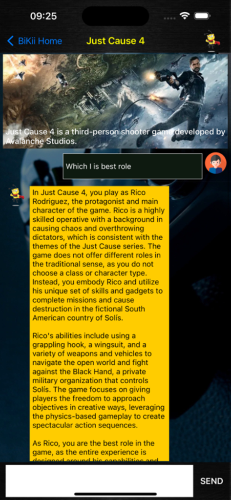 Bikii - Bee AI - Bikii AI app chat interface providing a detailed guide and character information for the game Just Cause 4